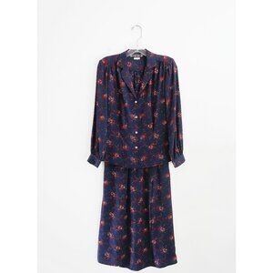 Vtg 80s Carole Little Saint Tropez West Indigo Floral Silk Top + Skirt Set XS